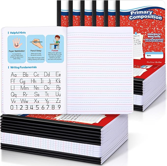 Watersay 30 Pack Primary Ruled Composition Notebook, Grade K-2 Journal 50 Sheets, 7-1/2" x 9-3/4" Primary Composition Book Writing Notebook for Kids Kindergarten Preschool 1st 2nd Grad (Red)