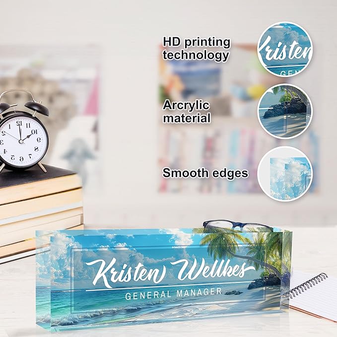 Personalized Office Name Plate, Custom Name Plate for Desks, Office Desk Decorations Gift for Women Men, Acrylic Desk Name Plate for Teacher Coworkers Staff Boss (Summer Sea Breeze)