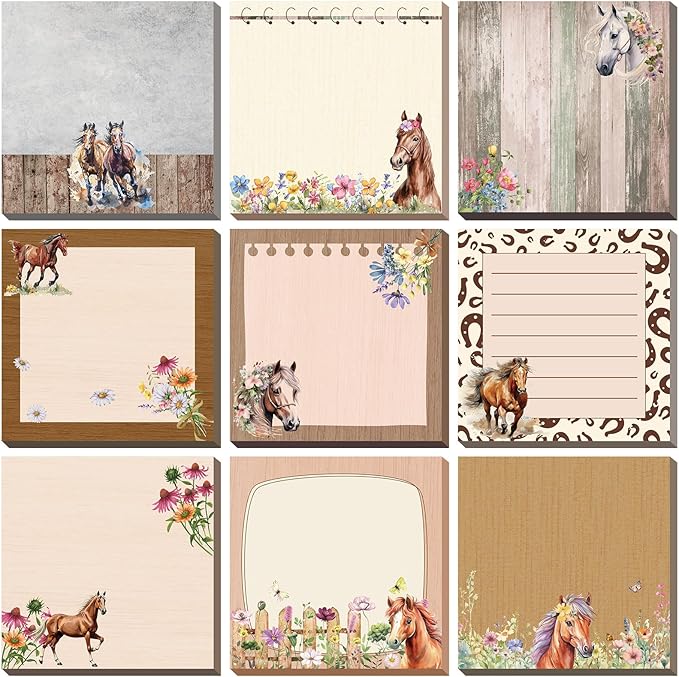 9 Pads Horse Sticky Notes 3x3 Inch Cute Self Stick Notepads Notes Adhesive Memo Pad Office Decor Gifts for Students School Teacher Meeting Office Supplies