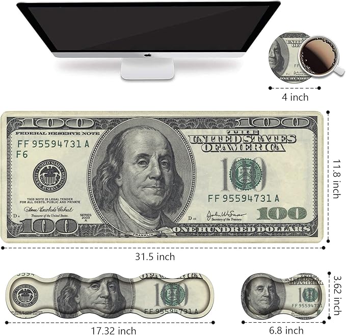 Ergonomic Keyboard Wrist Rest and Mouse Pad Wrist Rest Set, Large XXL Gaming Mousepad 31.5"x 11.8", Memory Foam, Easy Typing Pain Relief, Multifunctional Desk Mat for Office & Home, 100 Dollar Bill