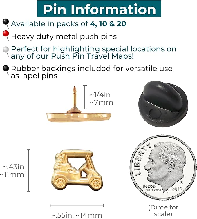 Golf Cart Push Pins - Gold Golf Cart Map Pins for Cork Boards, Maps, or Lapel Use - Designed in USA - Set of 20