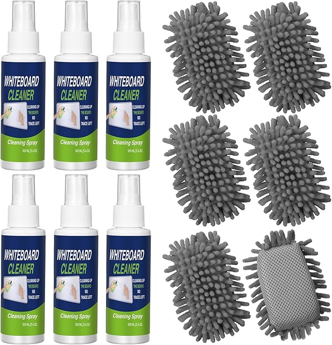 6 Pack Whiteboard Cleaner 3.4 Fl oz White Board Cleaning Spray Dry Erase Board Cleaner with Microfiber Shag Whiteboard Eraser Removes Stubborn Marks from Chalkboard(Grey)