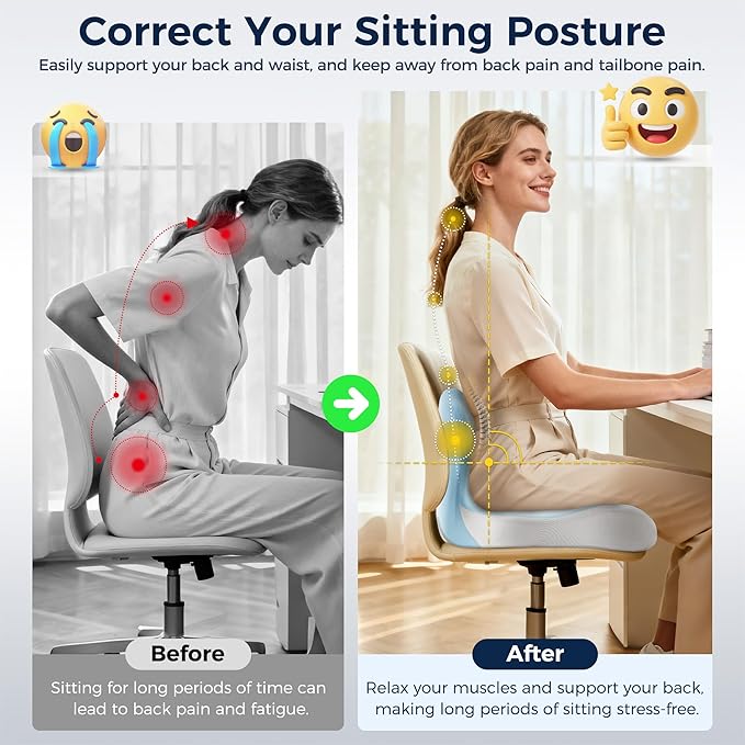 Seat Cushion, Office Chair Cushions for Tailbone Relief, Seat Cushions for Office Chair with L-Shaped Ergonomic Design, Memory Foam Chair Cushion for Long Sitting Office Worker(Blue Grey)