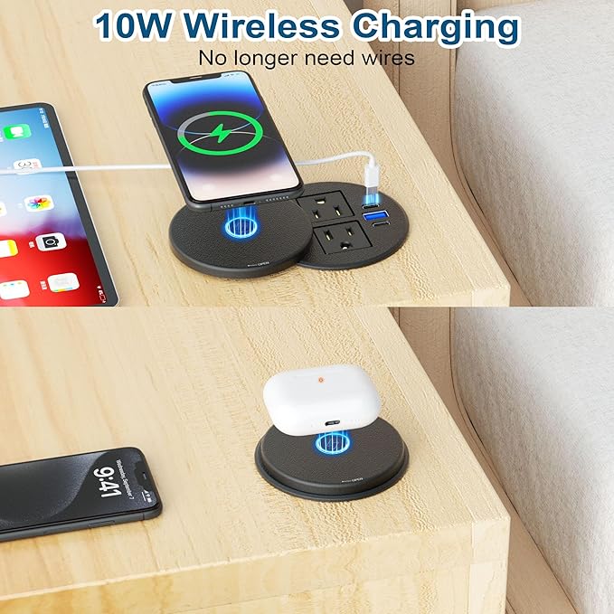 3 Inch Desk Power Grommet with 10W Wireless Charger, 20W USB C Fast Charging Station,2 AC TR Outlets, Round Flush-Mount Recessed Power Strip for Conference Rooms, Office Tables, Furniture, 6FT Cord