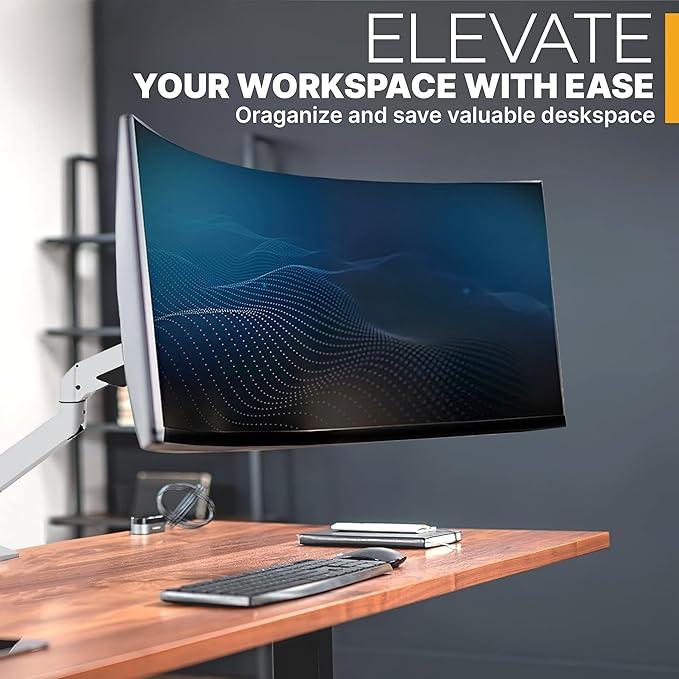 Premium Height Adjustable Single Monitor Arm Stand: Desk/Grommet Mount, Gas Spring Lift, VESA 75x75 or 100x100mm, Flat Curved Ultrawide Computer Screens up to 49in and 44lbs, Silver