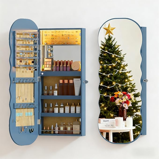 Lvifur Hanging Jewelry Armoires with LED Lights,Blue Jewelry Storage Cabinet Lockable Wavy Mirror Jewelry Organizer, Lockable Frameless Mirror with Storage, LED Jewelry Cabinet Wall/Door Mounted