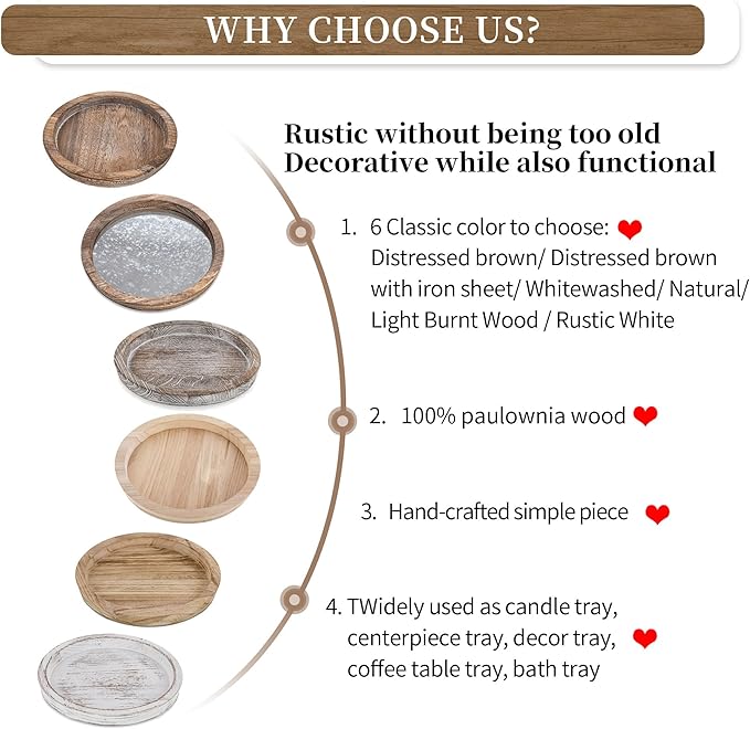 Hanobe Rustic Wooden Serving Tray: Round Wood Decorative Tray Set of 2 Rustic Centerpiece Candle Holder Trays Farmhouse Ottoman Tray for Decor Kitchen Counter Home Decor for Coffee Table