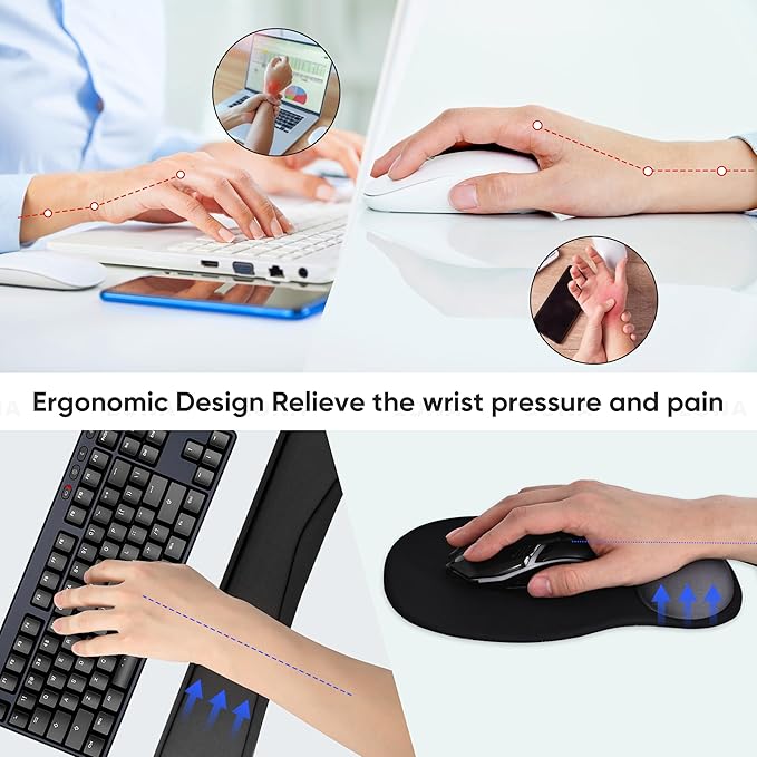 Wrist Rest Support for Mouse Pad Keyboard Set Circle Coaster Gaming Mouse Pad Ergonomic Gel Memory Foam Set for Computer, Laptop, Office, Pain Relief, Comfortably Typing Black KM-33