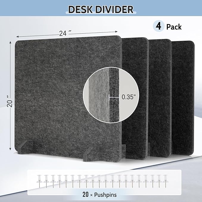 AMUSIGHT 4 Pack Acoustic Desk Dividers - 24" x 20" Freestanding Privacy Panels Set with Noise - Reducing Design Cubicle Sound Proof, Ideal for Office, Classroom, and Home (Dark Gray)