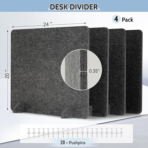 AMUSIGHT 4 Pack Acoustic Desk Dividers - 24" x 20" Freestanding Privacy Panels Set with Noise - Reducing Design Cubicle Sound Proof, Ideal for Office, Classroom, and Home (Dark Gray)