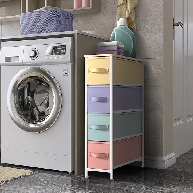 Sorbus Kids Narrow Dresser with 4 Drawers - Vertical Slim Storage Chest of Drawers with Steel Frame, Wood Top & Easy Pull Fabric Bins for Small Spaces, Closets, Bedroom, Bathroom & Laundry