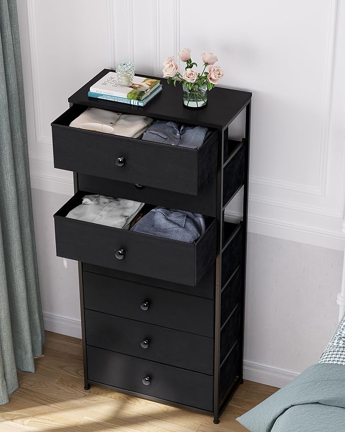 Crestlive Products Tall Dresser, 7-Drawer Wide Fabirc Storage Tower, Chests of Drawers - Vertical Organizer Unit for Bedroom, Hallway, Entryway, Nursery, Wood Top, Closets with Handles (Black)