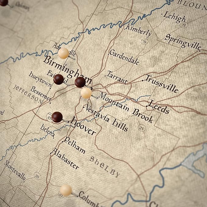 Conquest Maps Push Pin Alabama Map Board - With Push Pins to Mark Alabama Travels - Handmade in Ohio, USA - Design: Rustic Vintage
