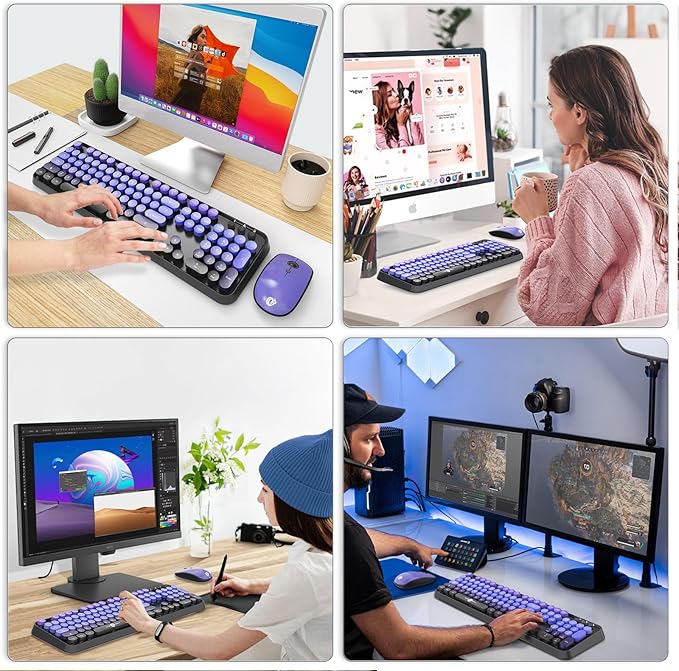 FOPETT Wireless Keyboard and Mouse Combo, 104 Keys Full-Sized 2.4 GHz Round Keycap Colorful Keyboards, USB Receiver Plug and Play, for Windows, Mac, PC, Laptop, Desktop (GradientPurple)