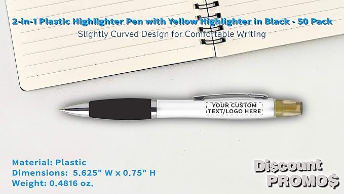 DISCOUNT PROMOS Personalized Plastic Highlighter Pens - 50 pack - Customizable Text, Logo - Black