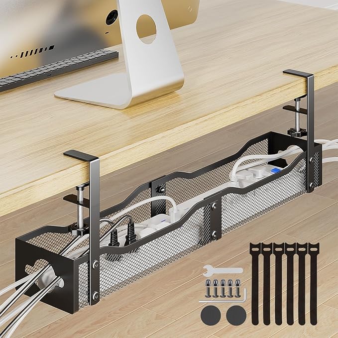 DELAMU 25'' Upgraded Under Desk Cable Management, No Dill Desk Cable Management with F-Clamp, Metal Cable Management Tray to Cord Organizer for Home Office, 1 Pack, Black