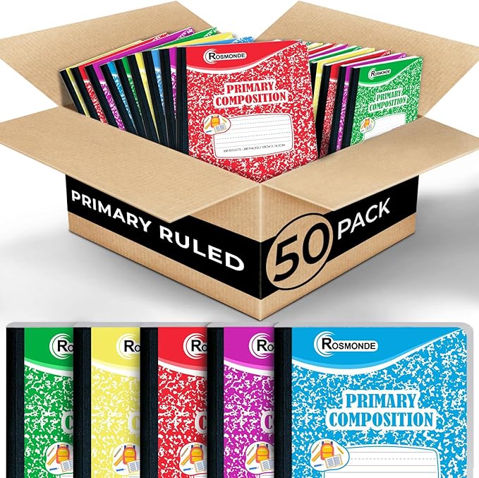 Rosmonde Composition Notebooks Primary Ruled 50 Pack, 200 Pages (100 Sheets), Color Marble Composition Notebook, Grades K-2, Bulk Primary Composition Notebook, Writing Dotted Lined