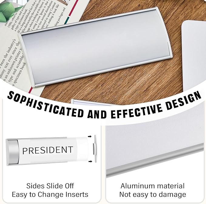 Therwen 6 Pcs Aluminum Office Name Plate Holder for Door Wall Mount 8'' x 3'' Business Sign Holder Office Door Sign Sturdy Curved with Plastic Film and Adhesive Tape (Silver)