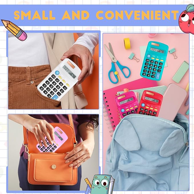 24 Packs Pocket Size Mini Calculator Basic Calculators for Handheld Angled Students 8 Digit Display Solar Battery Dual Power Small Calculator for Students Kids Home Office (12 Colors)