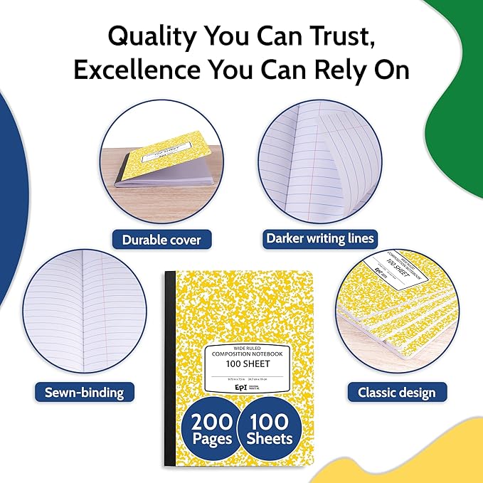 EPI 4 Pack - Yellow Marble Composition Notebook - Wide Ruled 200 Page Note Book - 9.75 x 7.5 Inch Hardcover Journal with Sewn Binding for Secure Pages - Classroom Back To School Supplies