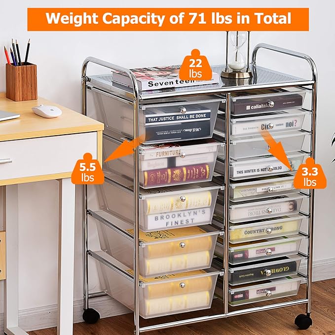 ARLIME 15 Drawer Rolling Storage Cart, Rolling Organizer Cart, Scrapbook Paper Organizer, Suitable for Office and School, Office Storage Tools on Wheels (Clear)