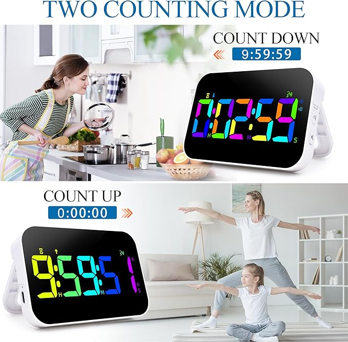 Kitchen LED Digital Timer Rechargeable, RGB Count Down Up Digital Timer with Vioce Reminder for Kitchen Classroom Cooking Study, Vibration Mode 3 Level Adjustable Volume and Brightness