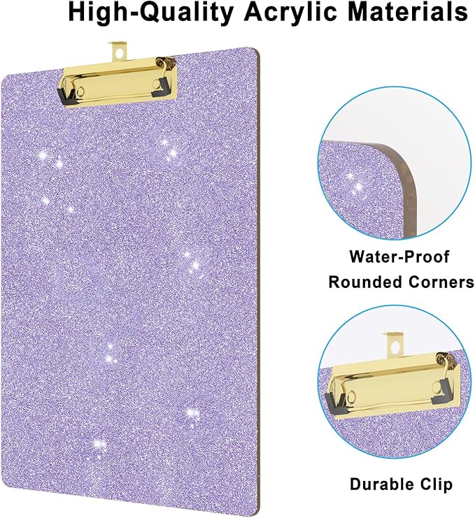 Glitter Acrylic Clipboard Decorative Standard A4 Letter Size 12.2" x 8.7", Fashion Bling Clip Boards with Designed Low Profile Gold Clip for Classroom Office - Purple