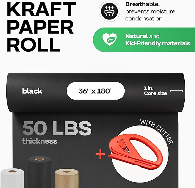 Black Kraft Paper Roll 36" x 2160" (180 feet) with Cutter - USA-Made Quality Paper 50lb Thickness for Wrapping, Packing, Moving, Shipping, & Crafts/Arts - Natural Kraft Material by IDL Packaging