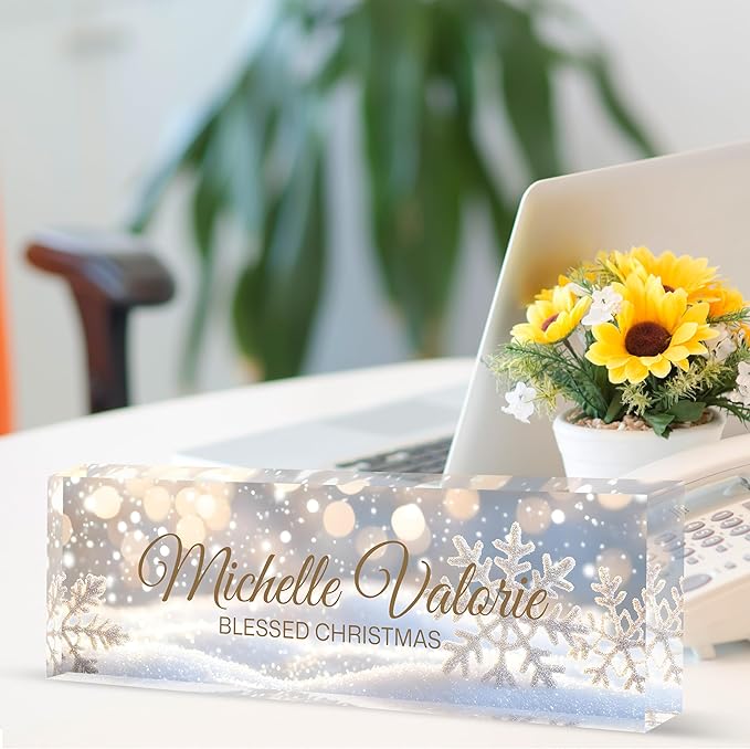 Custom Desk Name Plate Personalized, Acrylic Name Plates for Desk, Office Decor Personalized Gifts for Teacher Coworkers Boss Nurse Christmas Snowflakes