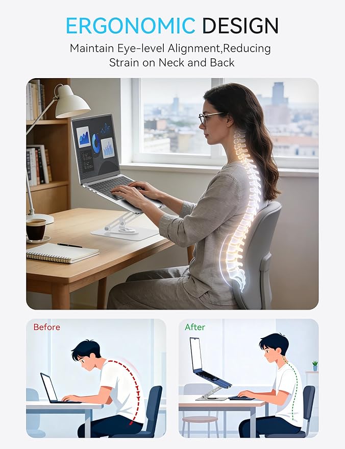 SOUNDANCE Laptop Stand with 360° Rotating Base, Ergonomic Computer Riser for Desk, Adjutable Height Muti-Angle, Foldable Laptop Mount, Stable Metal Holder Support 10-15.6" Notebook PC, White