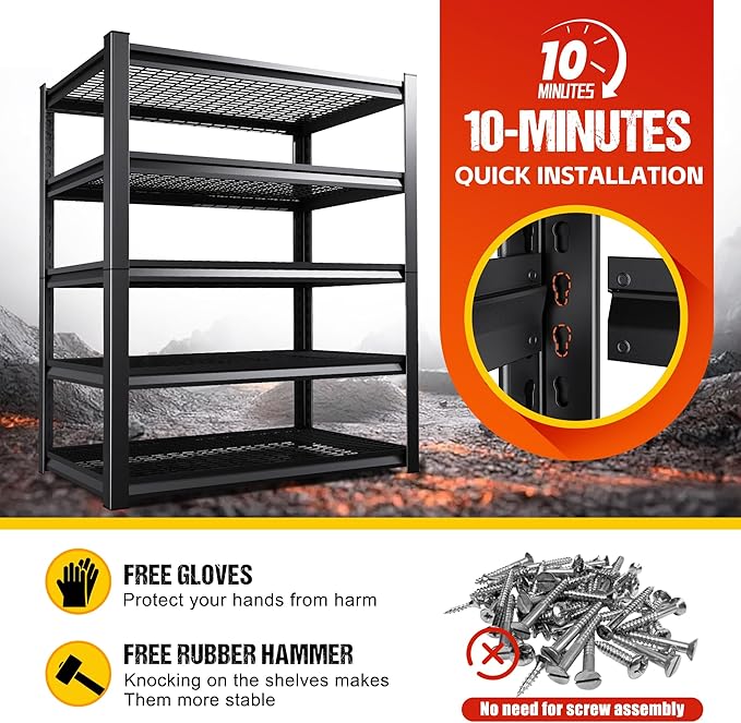 5-Tier Garage Shelving Heavy Duty Storage Shelves, Adjustable Metal Shelving Unit, Utility Garage Organizer Shelf for Basement, Pantry, Warehouse, Supermarket, 35.4" W x 15.7" D x 71.2" H
