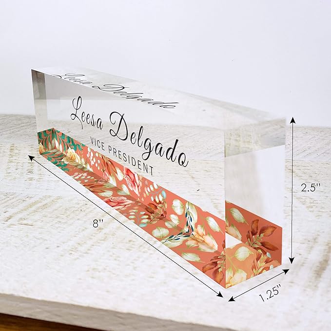 Artblox Office Desk Name Plate Personalized | Custom Name Plates for Desks | Flower Stripe Design On Clear Acrylic Glass | Office Desk Decor - (8" x 2.5")