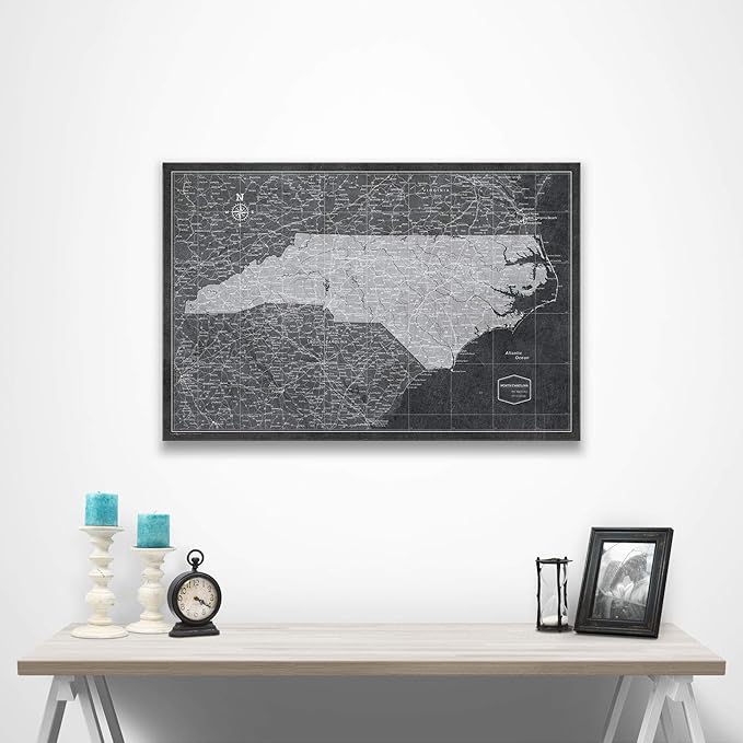 Conquest Maps Push Pin North Carolina Map Board - With Push Pins to Mark North Carolina Travels - Handmade in Ohio, USA - Design: Modern Slate