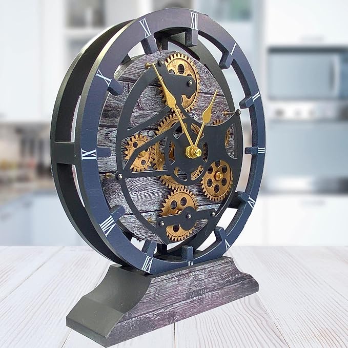 ImprovingLife The Gears Clock Desk Clock 10 inches with Real Moving Gears Convertible into Wall Clock (Carbon Grey)