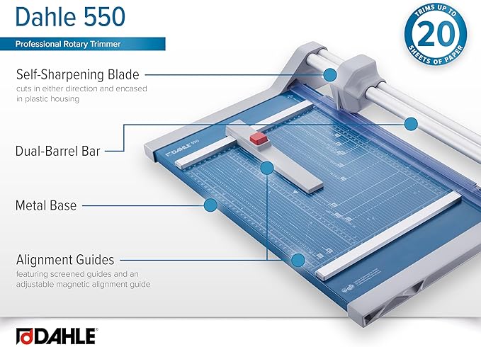 Dahle 550 Professional Rotary Trimmer, 14" Cut Length, 20 Sheet Capacity, Self-Sharpening, Dual Guide Bar, Automatic Clamp, German Engineered Paper Cutter