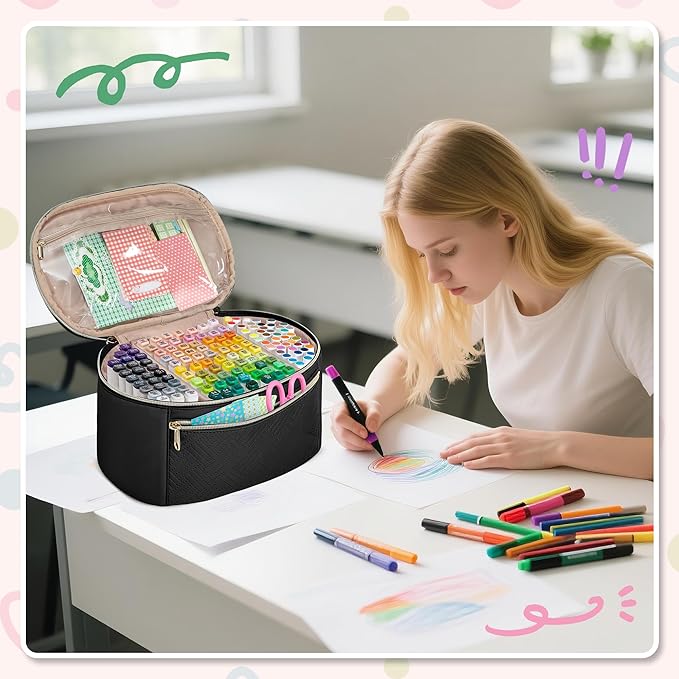 Fasrom Marker Organizer Case for 120 Markers, Art Marker Storage Bag with Handle and Detachable Dividers, Travel Marker Holder for Alcohol Markers, Brush Pens and Craft Supplies, Black(Bag Only)