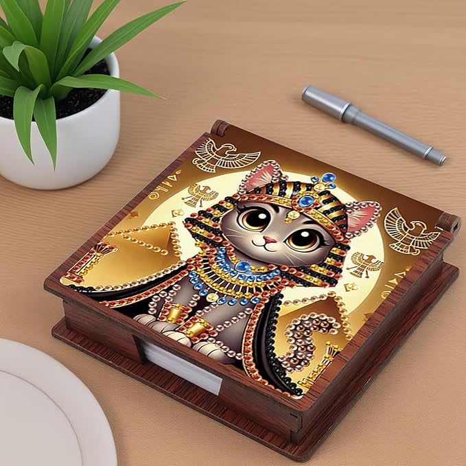 Wooden DIY Egyptian Cat Diamond Art Notecard Box – DIY Gem Art Sticky Note Holder for Adults 160 Sheets Memo Pad Storage