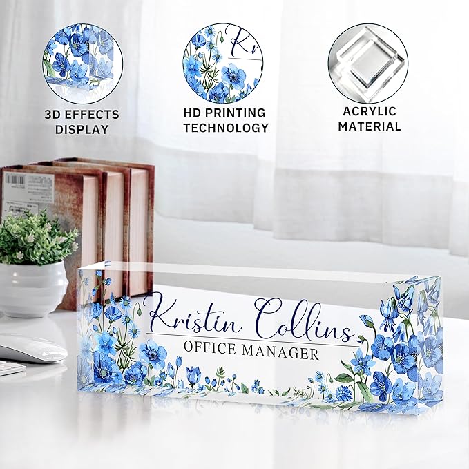 Custom Name Plate for Desk, Personalized Desk Name Plate on Clear Acrylic Glass, Appreciation Gifts for Teacher Employee Boss Coworkers Nurse, Office Desk Accessories for Women Men (Cerulean)