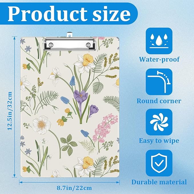 Spring Flower Clipboard Decorative Clip Board with Metal Clip A4 Standard Size 12.5" X 8.7" for Teacher Students Nurses Office