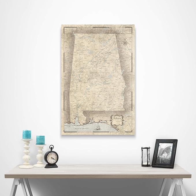 Conquest Maps Push Pin Alabama Map Board - With Push Pins to Mark Alabama Travels - Handmade in Ohio, USA - Design: Rustic Vintage