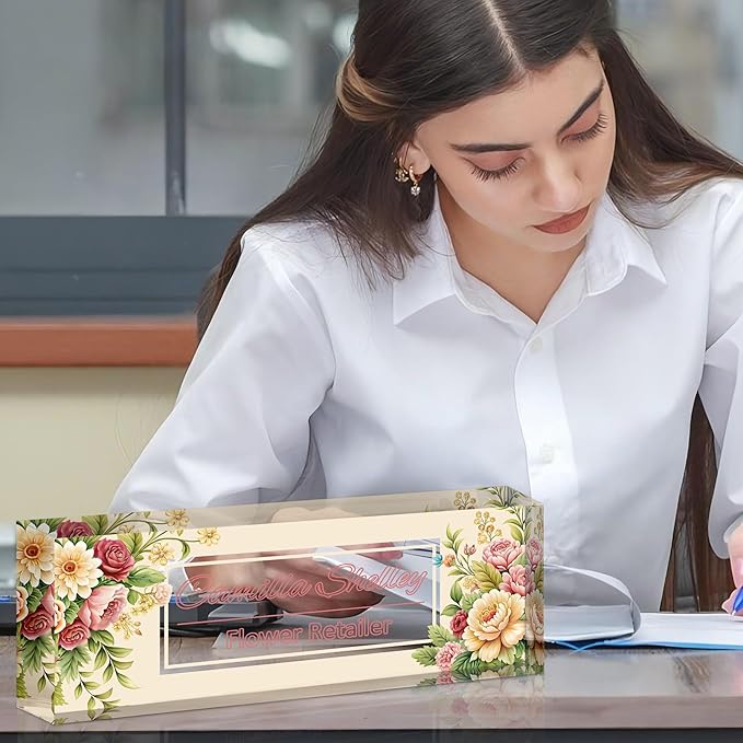 Personalized Name Plate for Desk, Custom Acrylic Desk Name Sign, Office Appreciation Gifts for Women Men Coworkers Boss Teacher Employee (Flower-Rose)