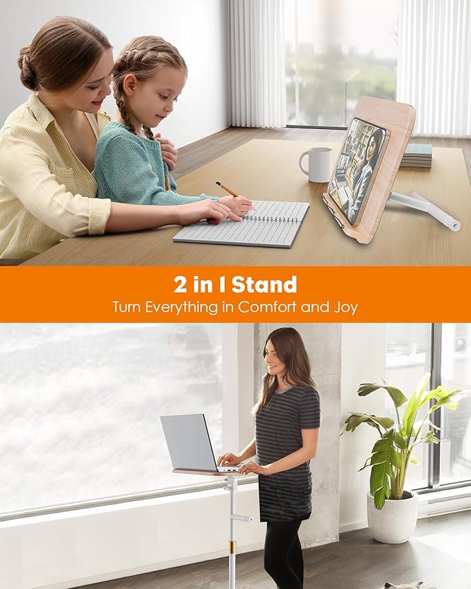 2 in 1 Dual-use Floor Book Stand & Desktop Book Stand,Height Adjustable from 33-63in, Adjustable Book Holder with Elastic Page Clips for Music Scores, Recipe, Tablet, Laptop(White)