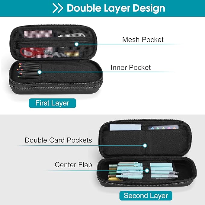 ProCase Pen Pencil Case, 2-Layer EVA Zipper Pencil Box Pouch Large Capacity Stationery Storage Organizer for School Office Supplies -Black