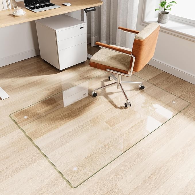 FlyEcho Glass Chair Mat 36" x 50" Heavy Duty Tempered Glass Office Chair Mat, Glass Floor Mat with Round Corner and Polished Edge for Smooth Glide, Carpet Hardwood Floor Protector