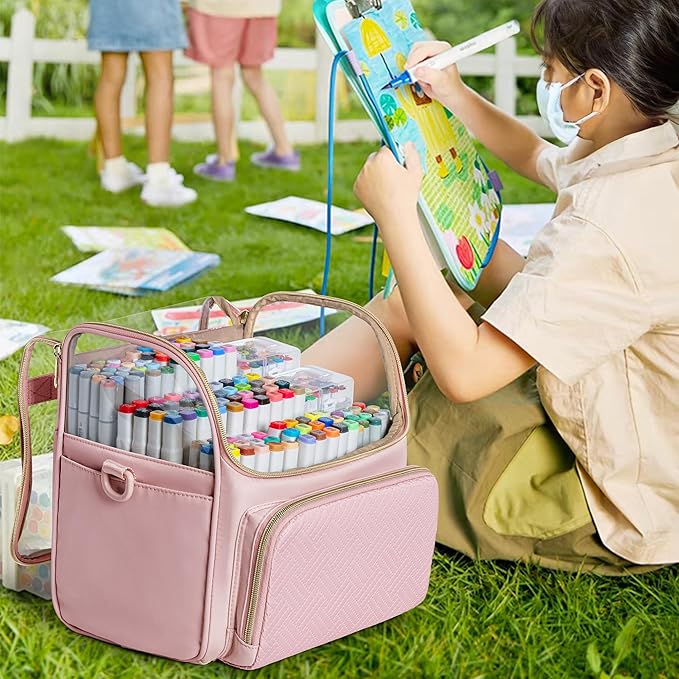 Large Marker Organizer Case for 180 Markers, Marker Storage Bag with Dividers and 4 Pockets for Paint Markers, Paint Brushes, Colored Pencils or Other Art Supplies, Pink (Patented Design)