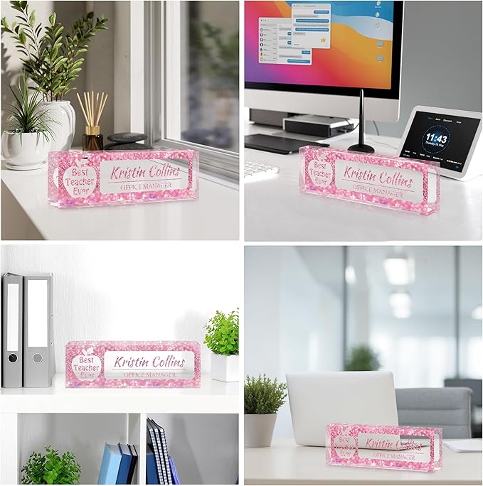 Custom Name Plate for Desk, Personalized Desk Name Plate on Clear Acrylic Glass, Appreciation Gifts for Teacher Employee Boss Coworkers Nurse, Office Desk Accessories for Women Men (Taffy)