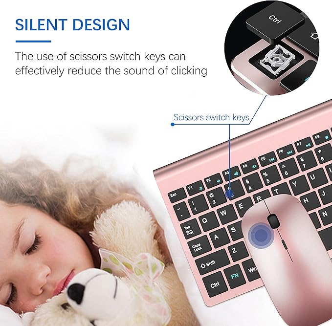 Wireless Keyboard and Mouse Ultra Slim Combo, TopMate 2.4G Silent Compact USB 2400DPI Mouse and Scissor Switch Keyboard Set with Cover, Batteries Included, for PC/Laptop/Windows/Mac - Rose Gold Black