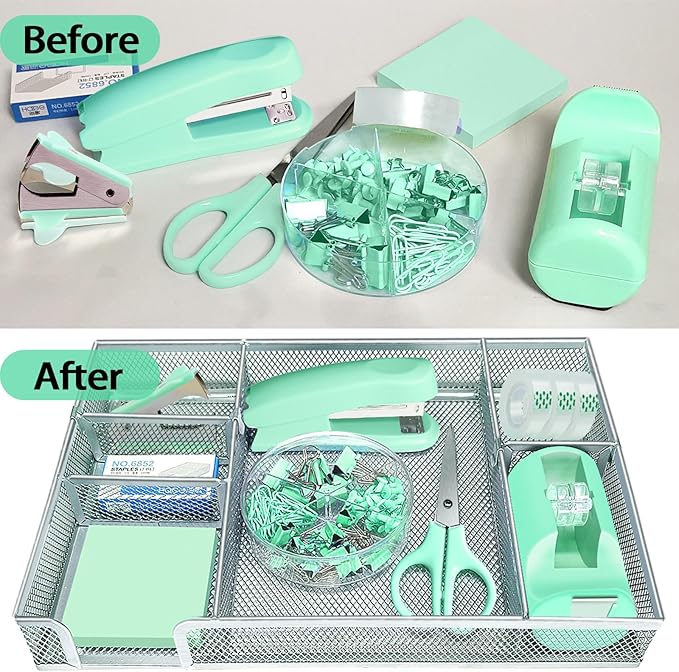 Green Office Desk Accessories, Green Office Supplies Set, Desk Drawer Organizer,Stapler and Tape Dispenser Set,Tape,Staple Remover, Staples, Paper Clips, Scissor and Sticky Note