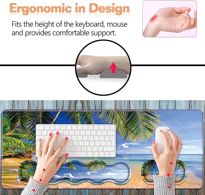 Ergonomic Keyboard Wrist Rest & Mouse Pad Wrist Rest Set, Large XXL Gaming Desk Mat 31.5"x 11.8", Non-Slip Base, Memory Foam, Easy Typing Pain Relief for Office & Home, Shore Palms Tropical Beach