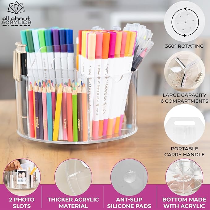Acrylic Marker Organizer - Multipurpose 360 Rotating Holder for Pencil, Pen, Makeup Brushes, Crayon, Arts and Crafts Supplies - Clear Spinning Lazy Susan Non-Slip Organizing Caddy with Photo Slots